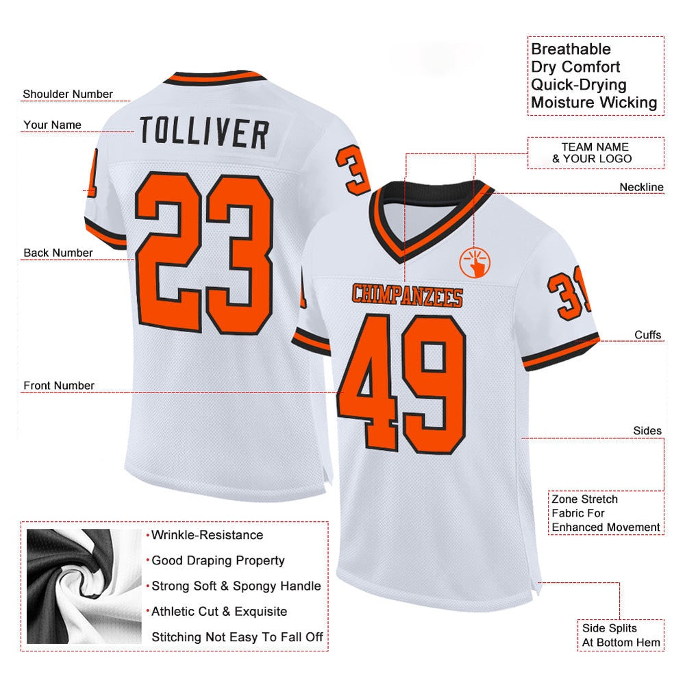 Custom White Orange Black Mesh Authentic Throwback Football Jersey, Team Jerseys Football, Custom Football Jersey