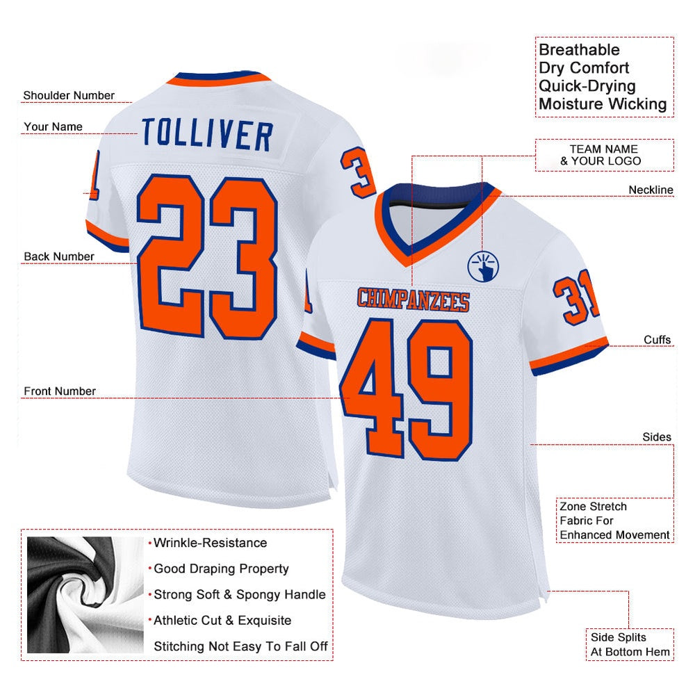 Custom White Orange Royal Mesh Authentic Throwback Football Jersey, Team Jerseys Football, Custom Football Jersey