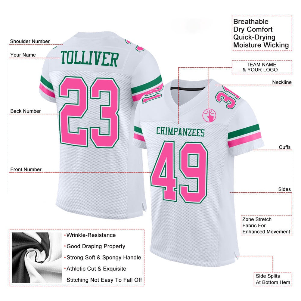 Custom White Pink Kelly Green Mesh Authentic Football Jersey, Team Jerseys Football, Custom Football Jersey