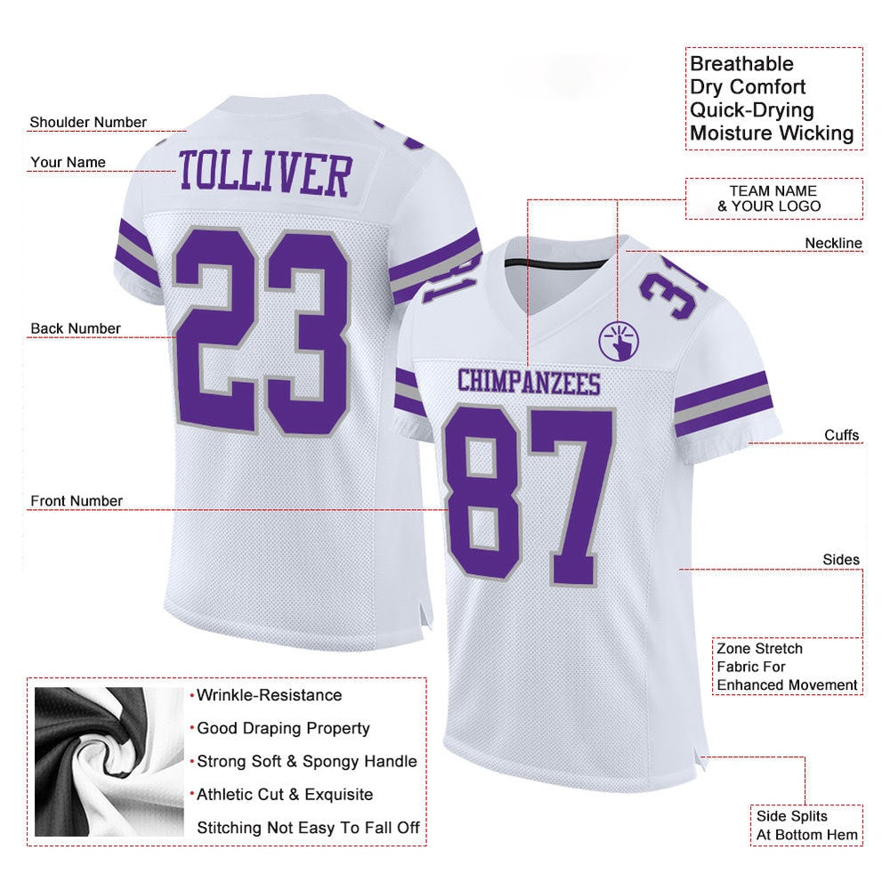 Custom White Purple Gray Mesh Authentic Football Jersey, Team Jerseys Football, Custom Football Jersey