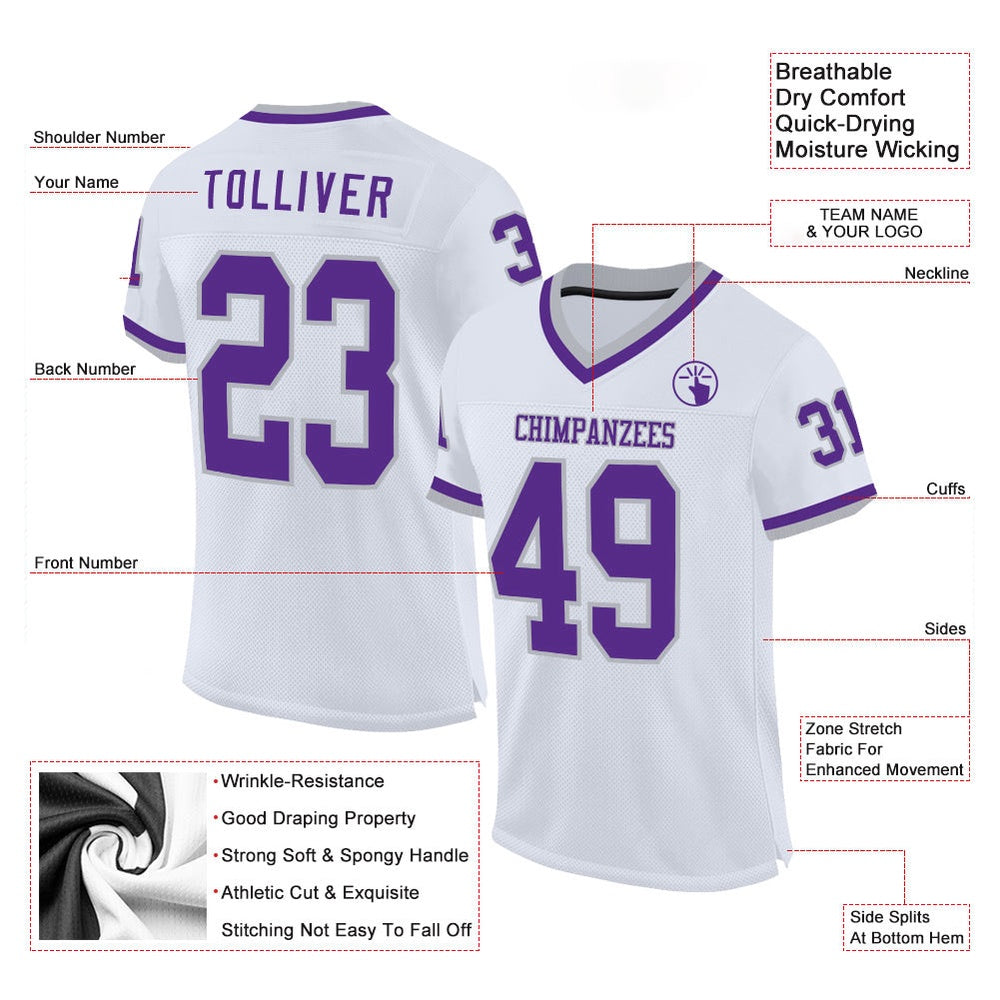 Custom White Purple Gray Mesh Authentic Throwback Football Jersey, Team Jerseys Football, Custom Football Jersey