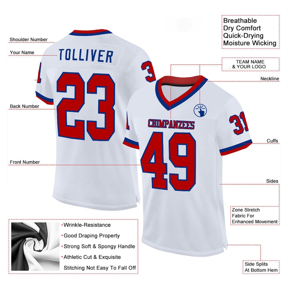 Custom White Red Royal Mesh Authentic Throwback Football Jersey, Team Jerseys Football, Custom Football Jersey