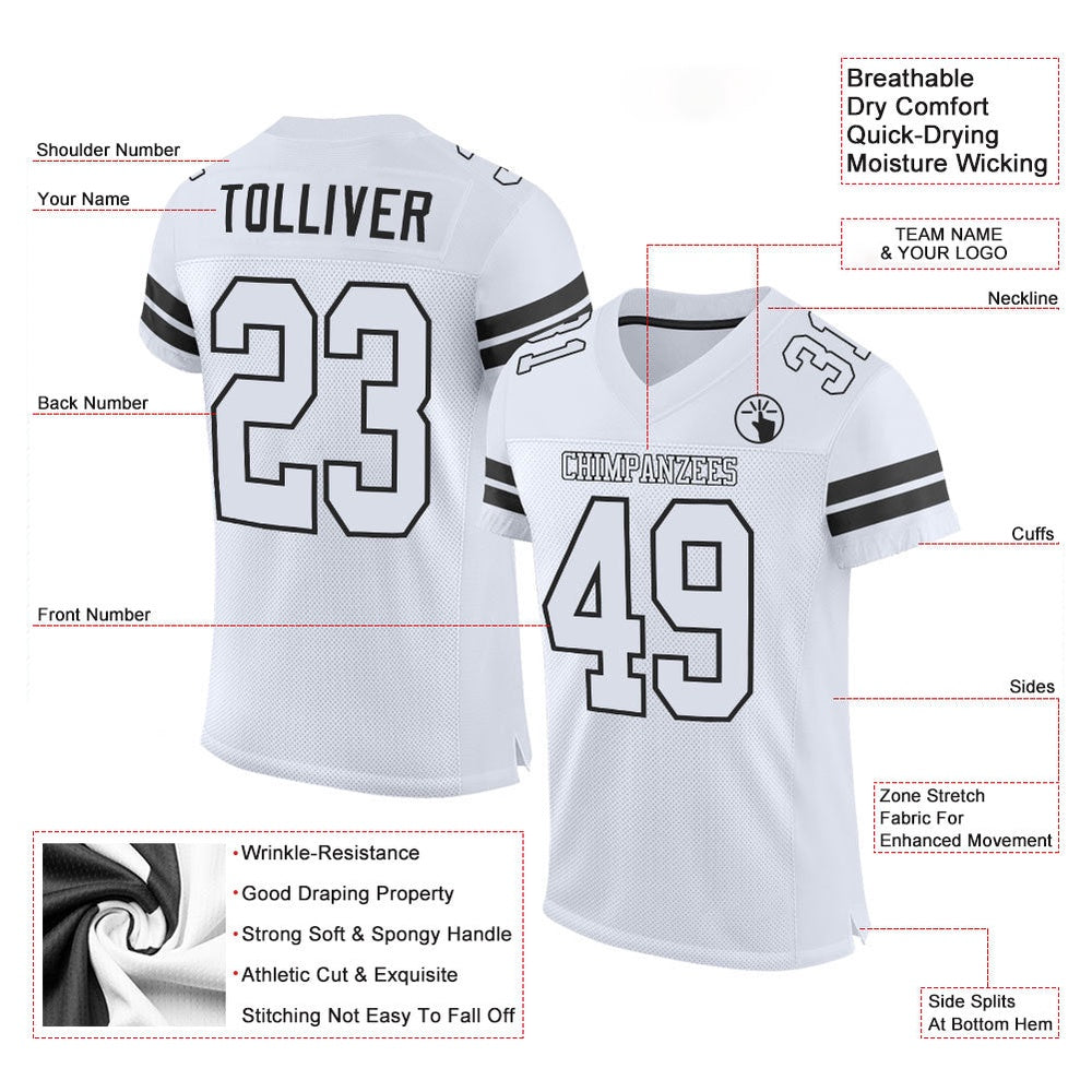 Custom White White Black Mesh Authentic Football Jersey, Team Jerseys Football, Custom Football Jersey