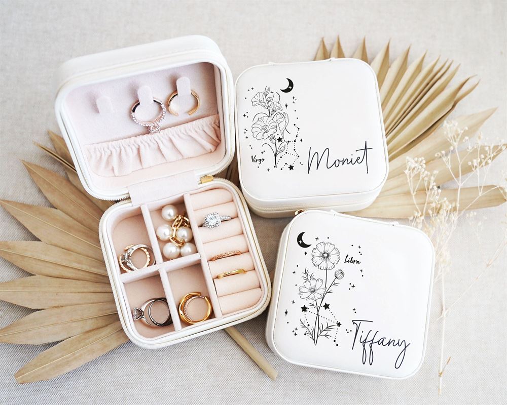 Custom Zodiac Sign Jewelry Box With Flower, Personalized Celestial Jewelry Box W Name, Mother's Day Jewelry Case