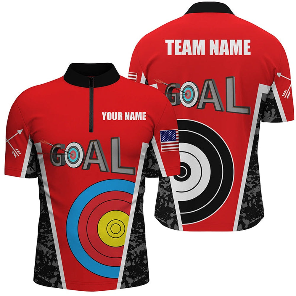 Customized Name Red Archery Goal Men Quarter-Zip Shirts, Target Archery Jerseys For Team, Archery Team Shirts, Custom Archery Shirts