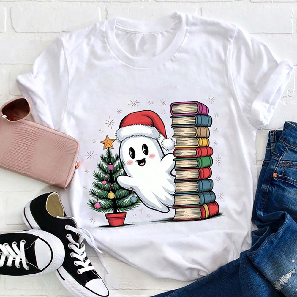 Cute Ghost Christmas Tree And A Pile Of Books T Shirt, Merry T Shirt, Unisex Christmas Shirts