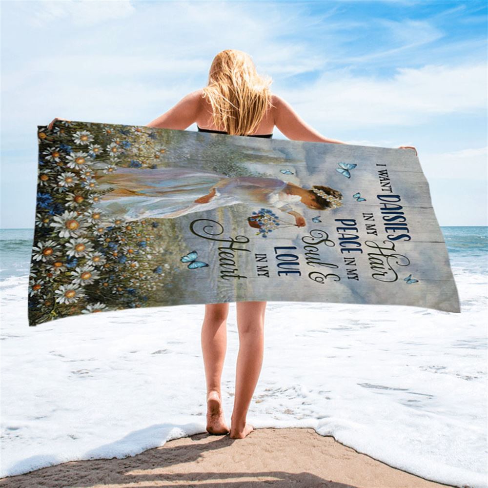 Daisy Field Blue Butterfly Beach Towel- I Want Daisies In My Hair Beach Towel - Christian Beach Towel - Bible Verse Beach Towel