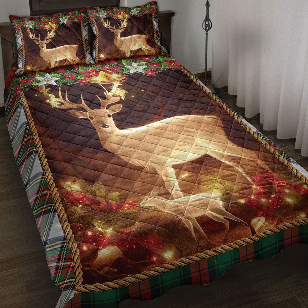 Deer Quilt Set, Beautiful Deer And Son Withmas Light And Garlands Quilt Blanket