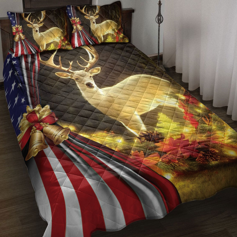 Deer Quilt Set, Beautiful Deer Inestmas Bell Us Flagmas Quilt Blanket