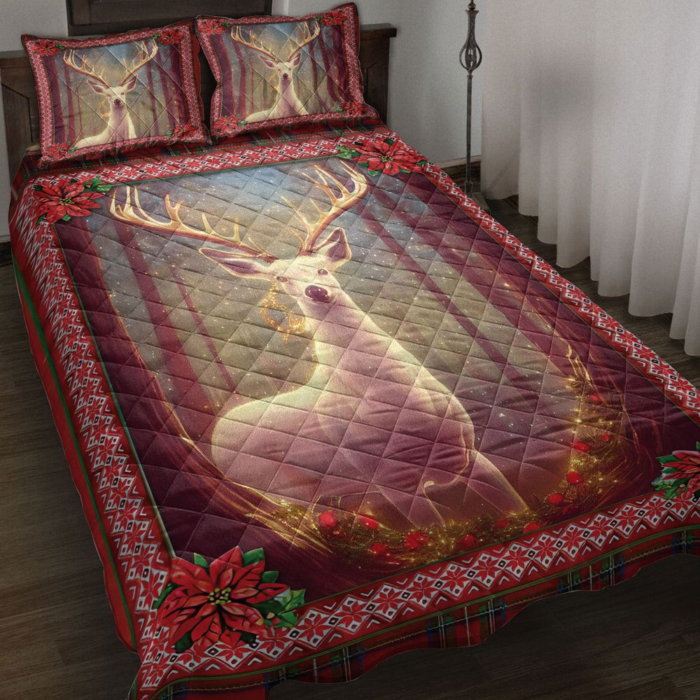 Deer Quilt Set, Beautiful Deer Inestmas Light Mistletoe Poinsettia Quilt Blanket