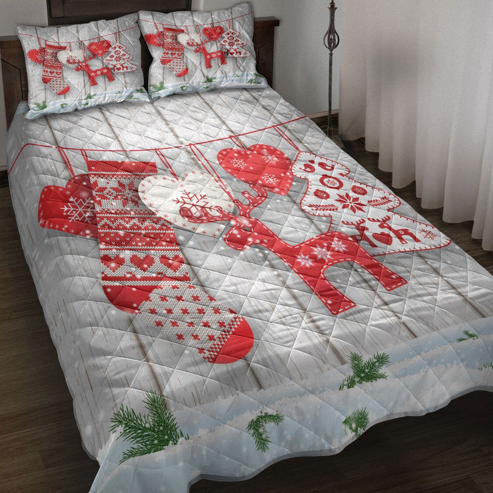 Deer Quilt Set, Christmas Scandinavian Hearts Deer Treesanta Stockingmas Quilt Blanket