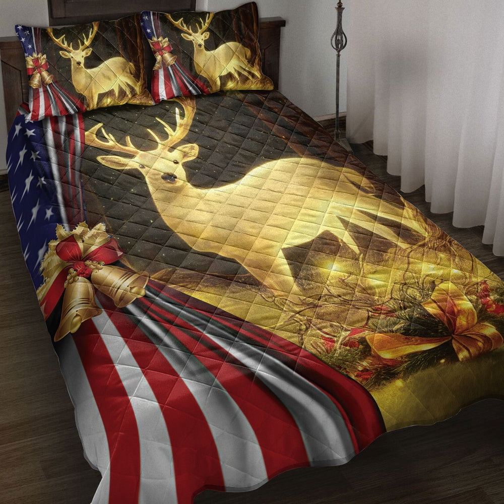 Deer Quilt Set, Lovely Deer Inestmas Bell Us Flagmas Quilt Blanket