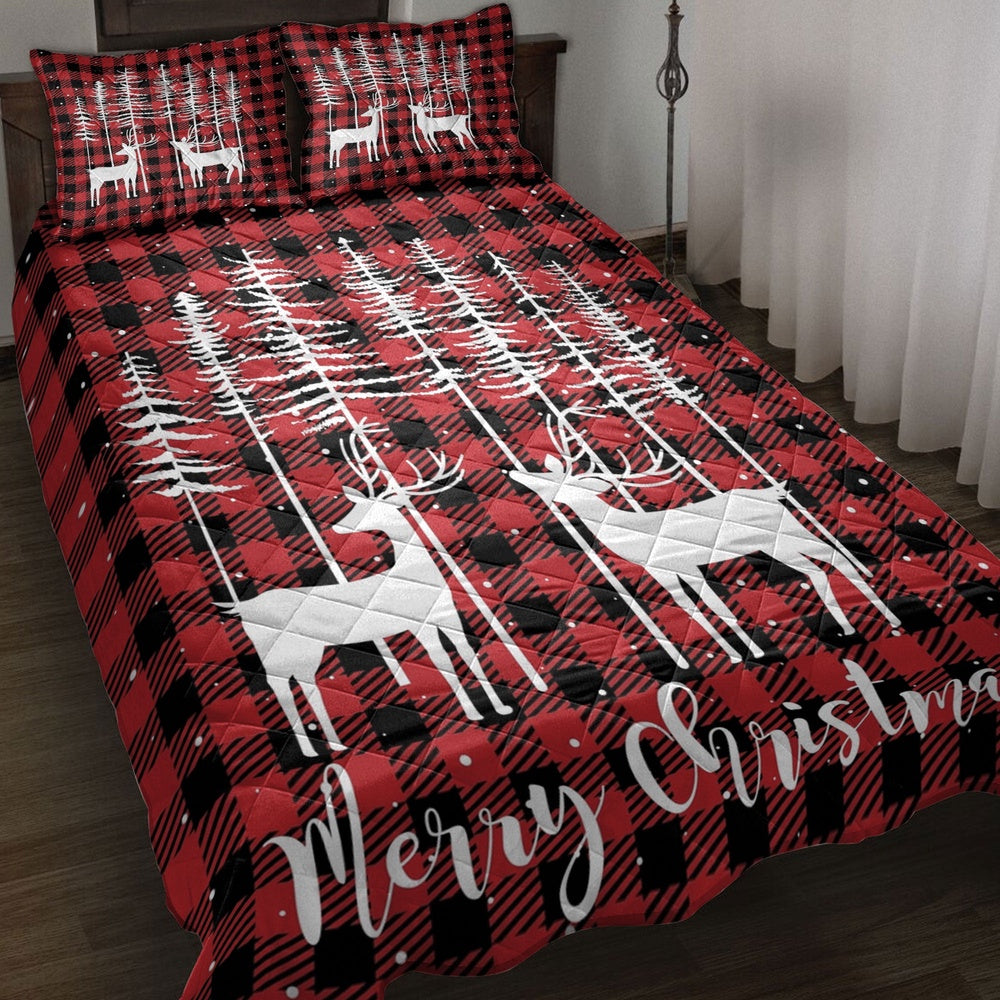 Deer Quilt Set, Merrymas New Yearmas Tree With Deer Red Buffalo Plaid Quilt Blanket