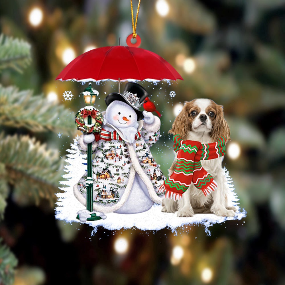 Dog Christmas Ornament, Cavalier King Charles Spaniel With Snowman Christmas Ornament, Pet Christmas Ornaments