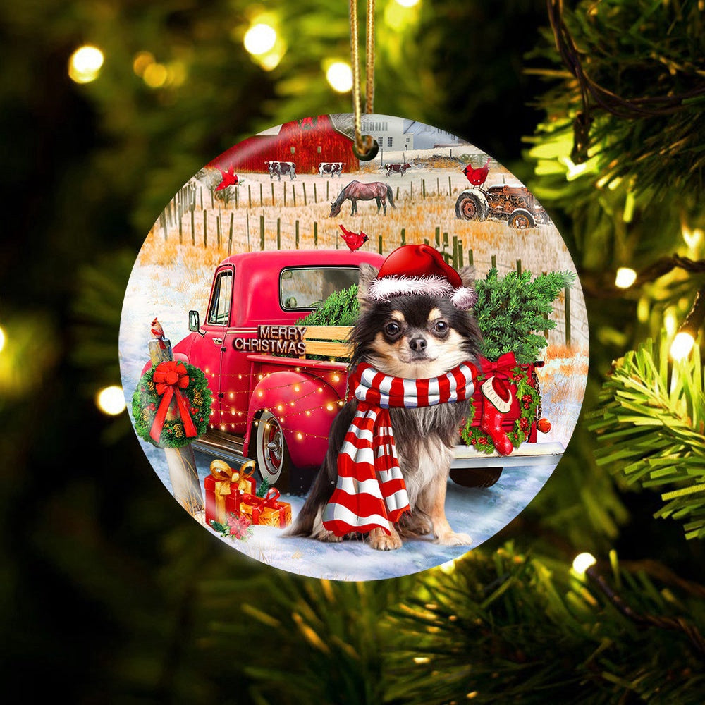 Dog Christmas Ornament, Chihuahua 2 With Red Truck Christmas Ornament, Pet Christmas Ornaments