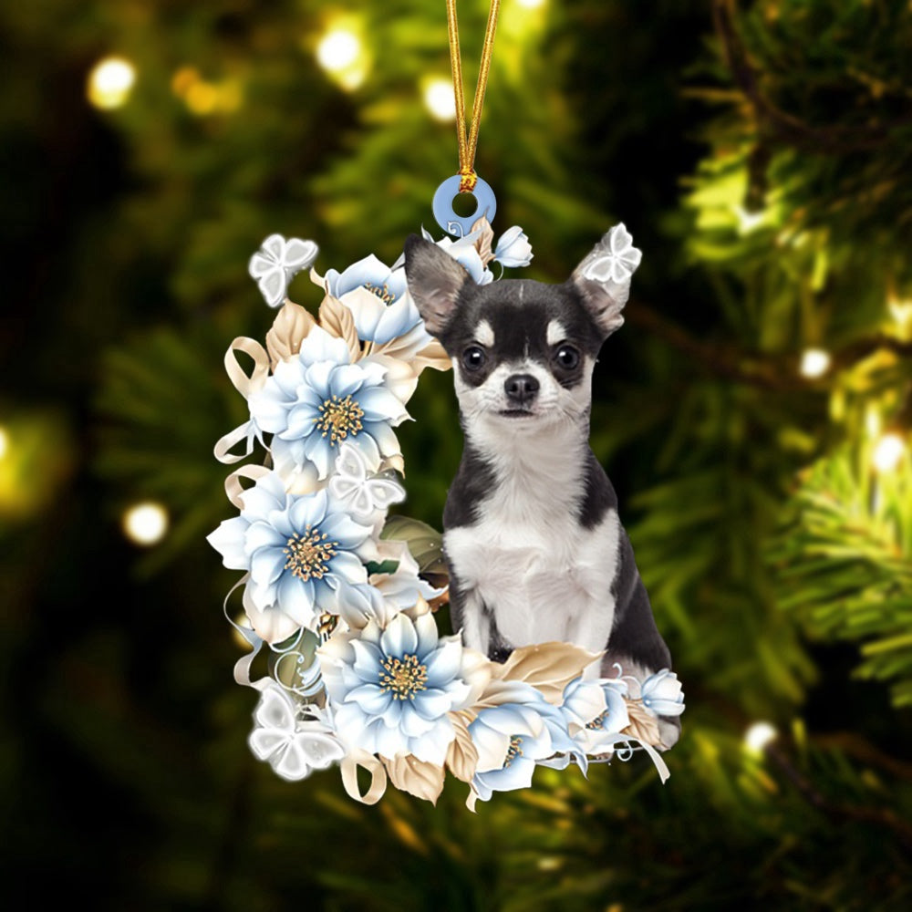 Dog Christmas Ornament, Chihuahua Flowers Moon Ornament, Pet Christmas Ornaments