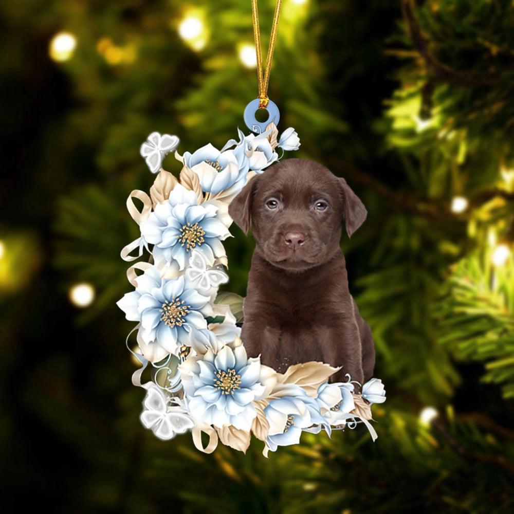 Dog Christmas Ornament, Chocolate Labrador Flowers Moon Ornament, Pet Christmas Ornaments
