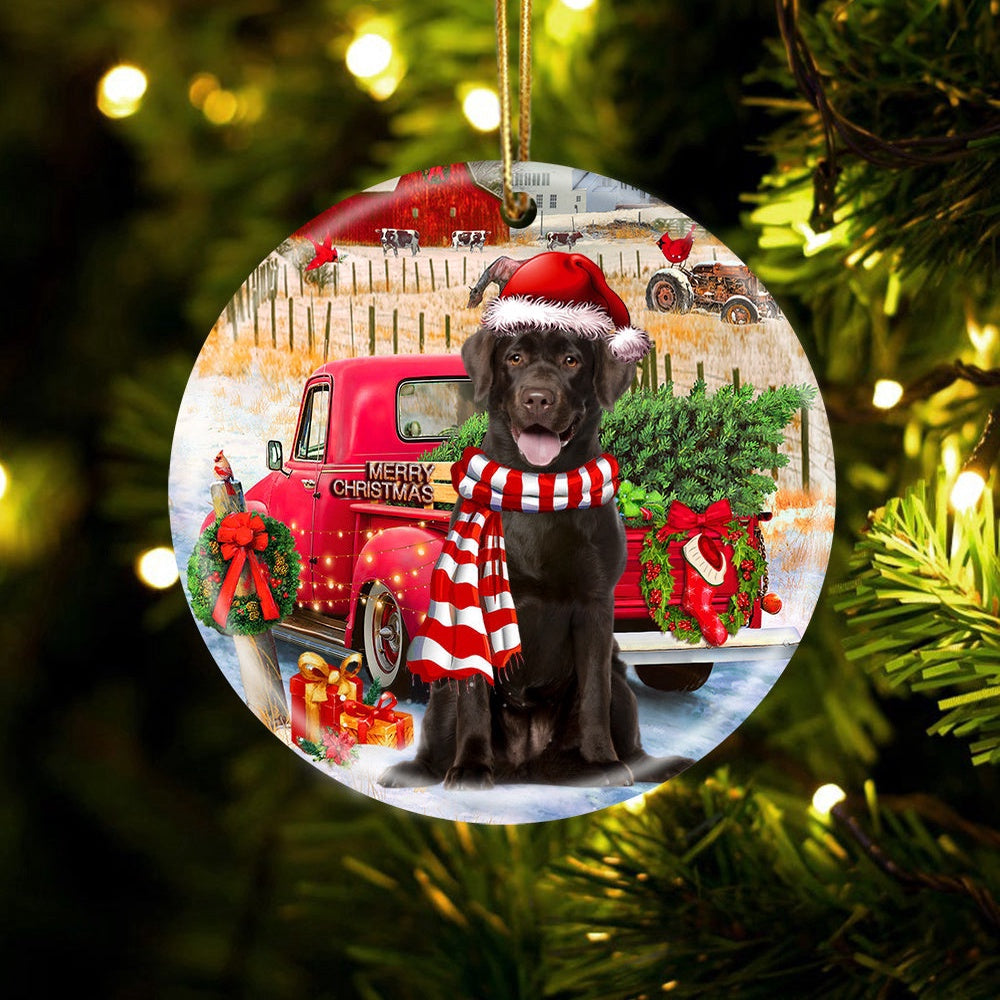 Dog Christmas Ornament, Chocolate Labrador With Red Truck Christmas Ornament, Pet Christmas Ornaments
