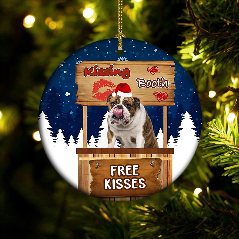 Dog Christmas Ornament, English Bulldog Kissing Booth Christmas Ornament, Pet Christmas Ornaments