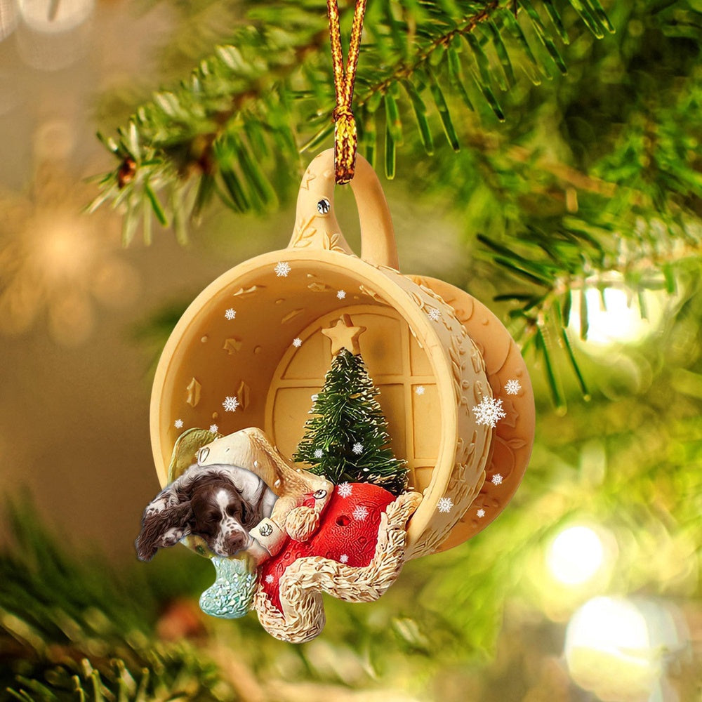 Dog Christmas Ornament, English Springer Spaniel Sleeping In A Cup Christmas Ornament, Pet Christmas Ornaments