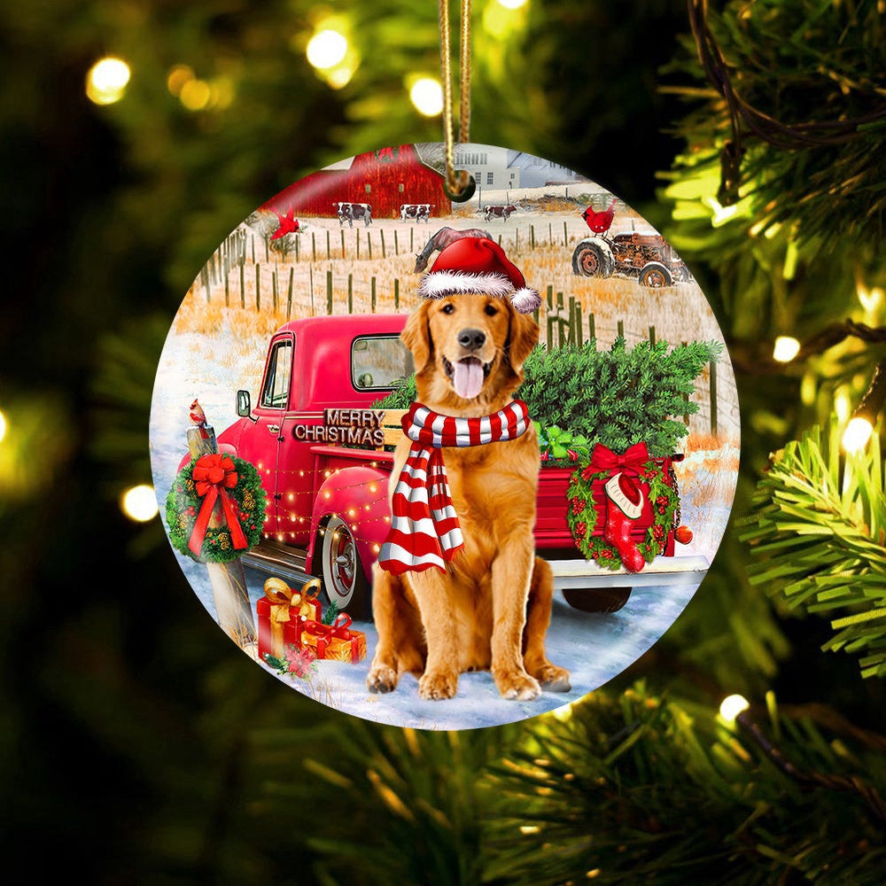 Dog Christmas Ornament, Golden Retriever With Red Truck Christmas Ornament, Pet Christmas Ornaments