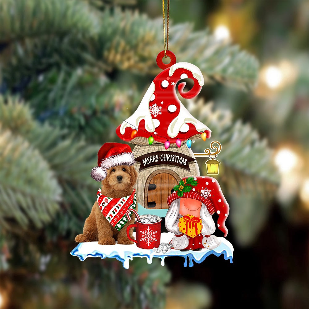 Dog Christmas Ornament, Goldendoodle 2 With Mushroom House Christmas Ornament, Pet Christmas Ornaments