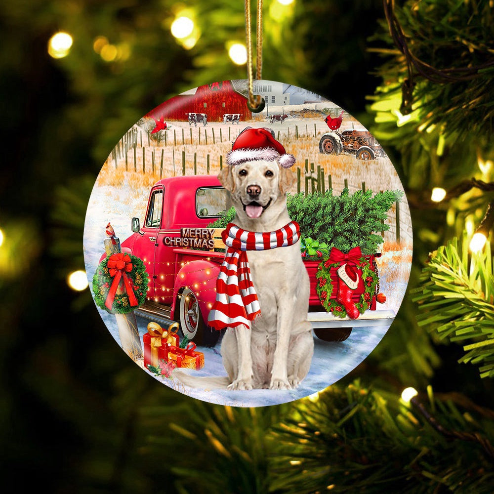 Dog Christmas Ornament, Labrador Retriever With Red Truck Christmas Ornament, Pet Christmas Ornaments