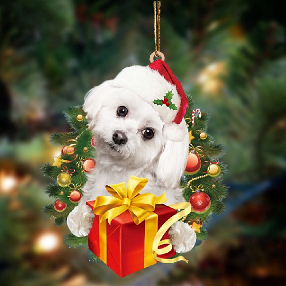 Dog Christmas Ornament, Maltese Dogs Give Gifts Hanging Ornament, Pet Christmas Ornaments