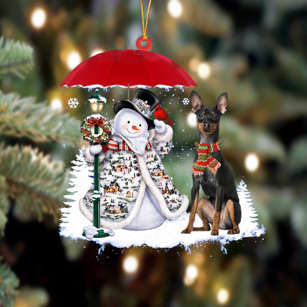 Dog Christmas Ornament, Miniature Pinscher With Snowman Christmas Ornament, Pet Christmas Ornaments