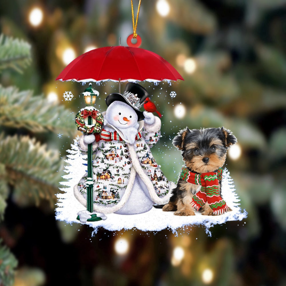 Dog Christmas Ornament, Morkie With Snowman Ornament, Pet Christmas Ornaments