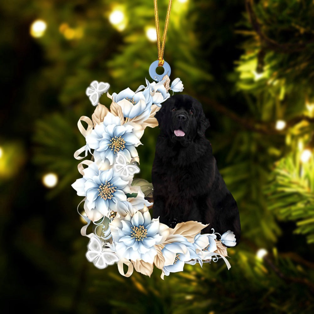 Dog Christmas Ornament, Newfoundland Flowers Moon Ornament, Pet Christmas Ornaments