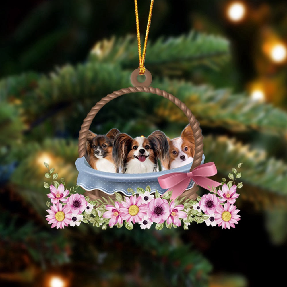 Dog Christmas Ornament, Papillon Dogs In The Basket Ornament, Pet Christmas Ornaments