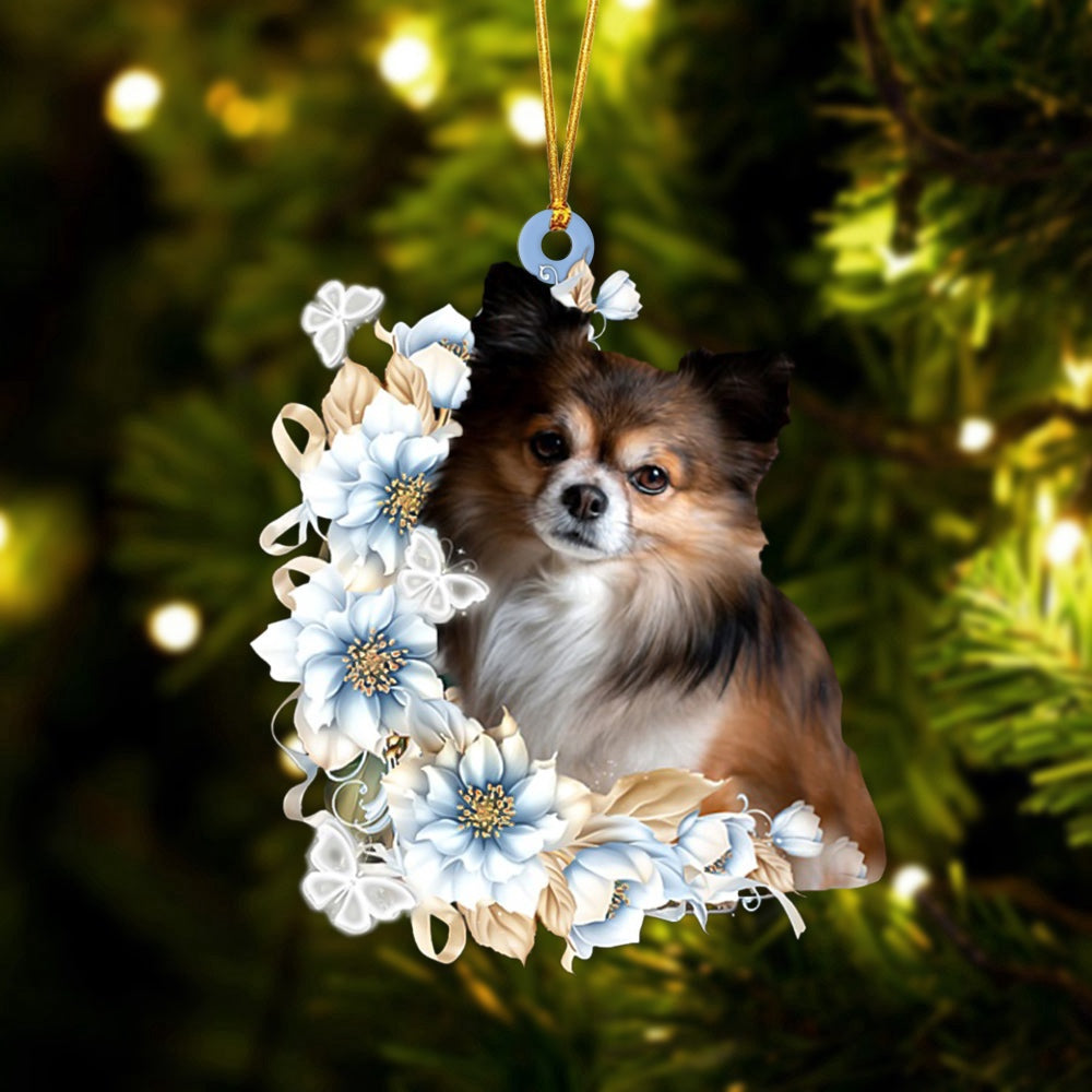 Dog Christmas Ornament, Papillon Flowers Moon Ornament, Pet Christmas Ornaments