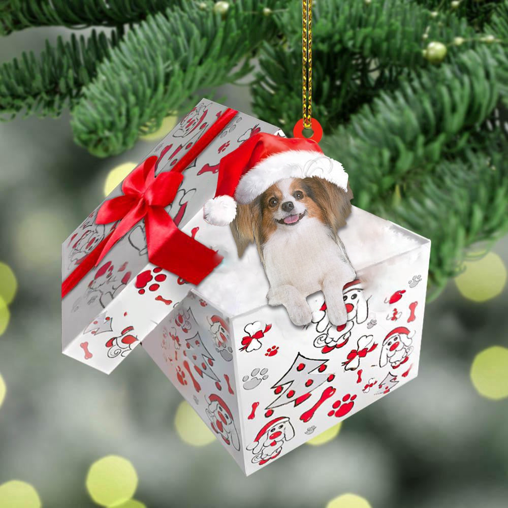 Dog Christmas Ornament, Papillon In Gift Box Christmas Ornament, Pet Christmas Ornaments