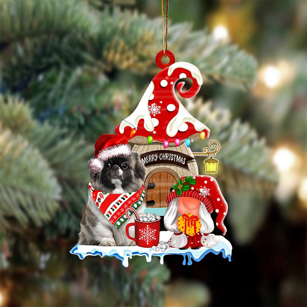 Dog Christmas Ornament, Pekingese With Mushroom House Christmas Ornament, Pet Christmas Ornaments