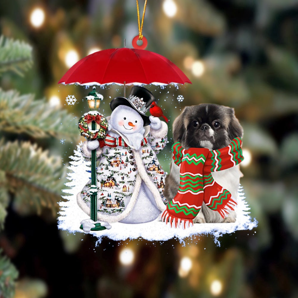 Dog Christmas Ornament, Pekingese With Snowman Christmas Ornament, Pet Christmas Ornaments