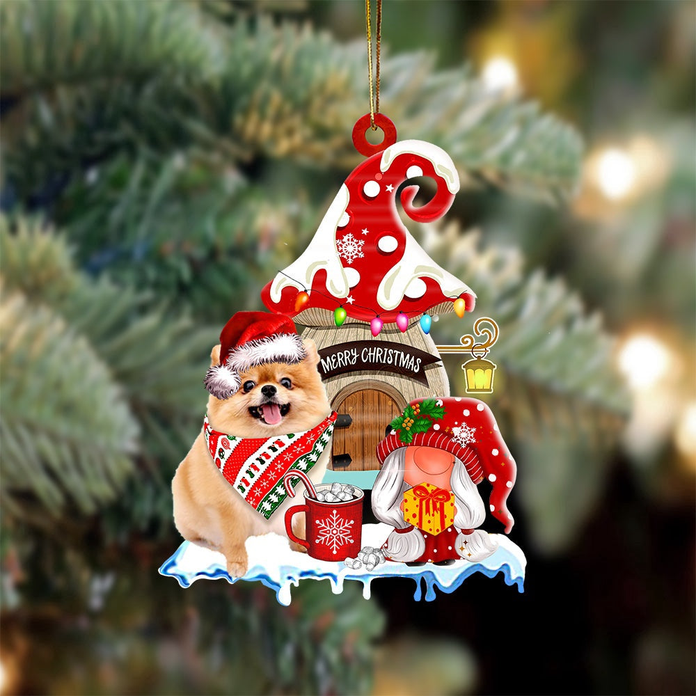 Dog Christmas Ornament, Pomeranian With Mushroom House Christmas Ornament, Pet Christmas Ornaments