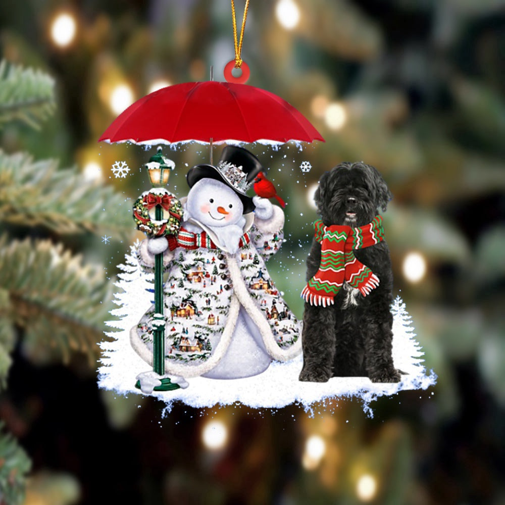 Dog Christmas Ornament, Portuguese Water Dog With Snowman Christmas Ornament, Pet Christmas Ornaments
