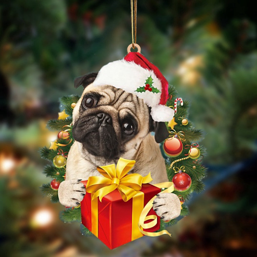 Dog Christmas Ornament, Pug Dogs Give Gifts Hanging Ornament, Pet Christmas Ornaments