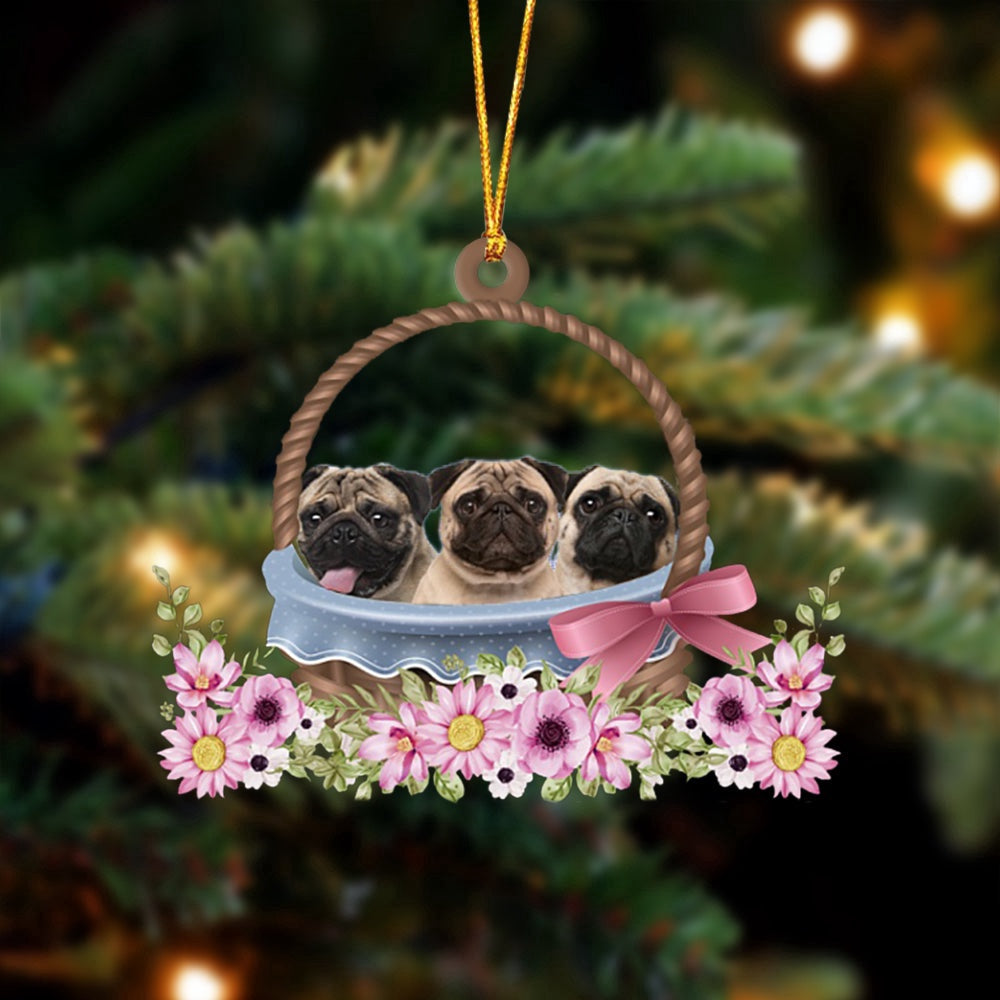 Dog Christmas Ornament, Pug Dogs In The Basket Ornament, Pet Christmas Ornaments