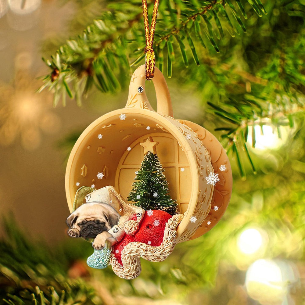 Dog Christmas Ornament, Pug Sleeping In A Cup Christmas Ornament, Pet Christmas Ornaments