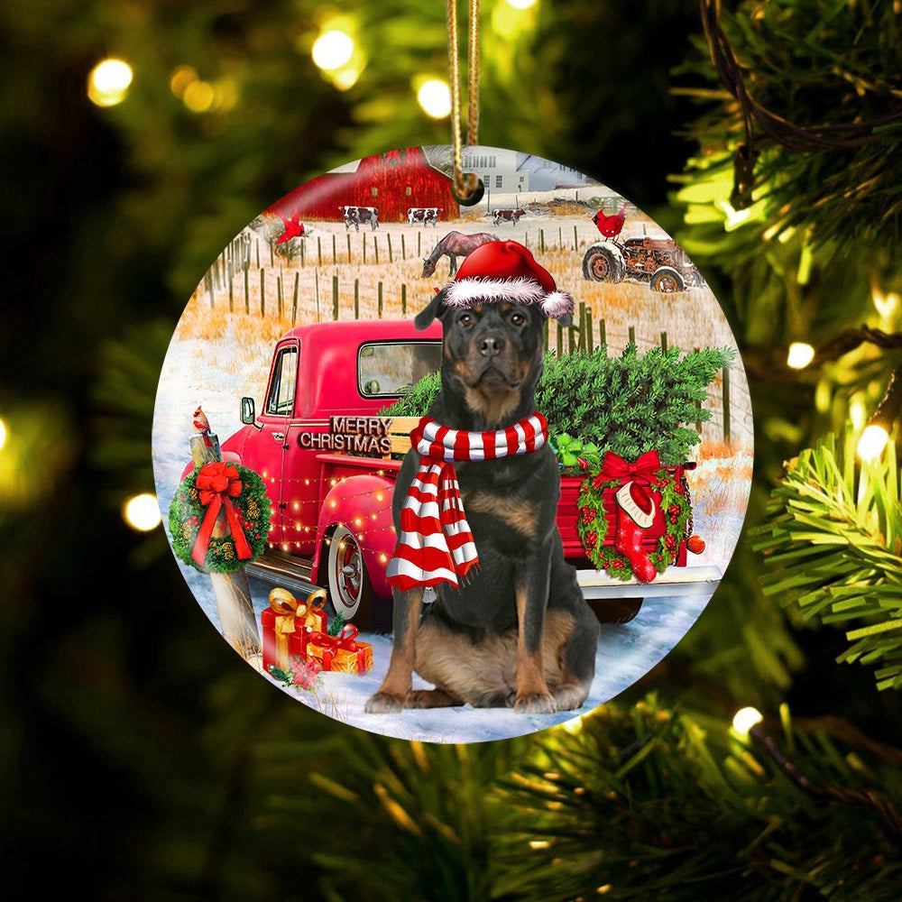 Dog Christmas Ornament, Rottweiler 2 With Red Truck Christmas Ornament, Pet Christmas Ornaments