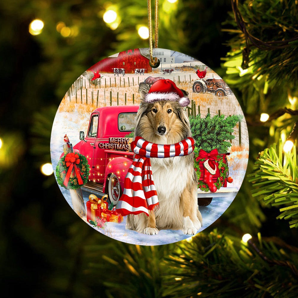 Dog Christmas Ornament, Scotch Collie With Red Truck Christmas Ornament, Pet Christmas Ornaments