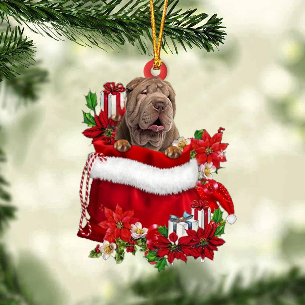 Dog Christmas Ornament, Shar Pei In Gift Bag Christmas Ornament, Pet Christmas Ornaments
