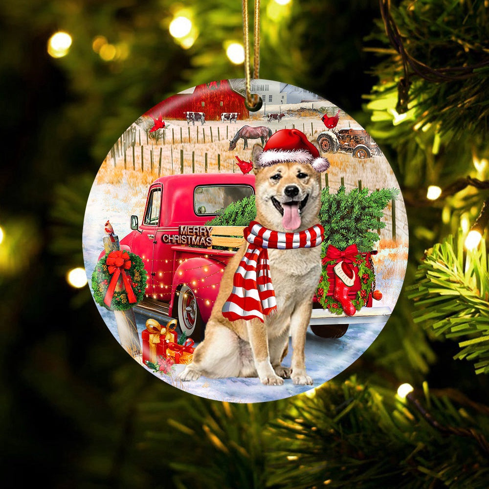 Dog Christmas Ornament, Shiba Inu With Red Truck Christmas Ornament, Pet Christmas Ornaments