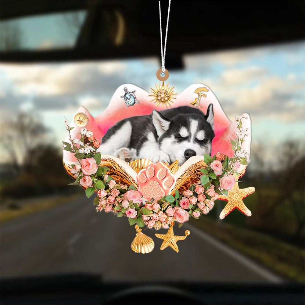 Dog Christmas Ornament, Siberian Husky Sleeping In The Seashell Ornament, Pet Christmas Ornaments