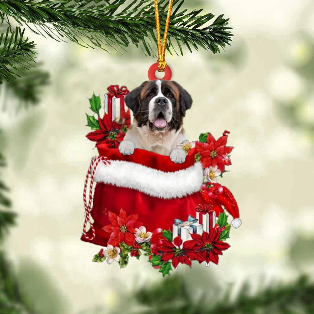 Dog Christmas Ornament, St Bernard In Gift Bag Christmas Ornament, Pet Christmas Ornaments