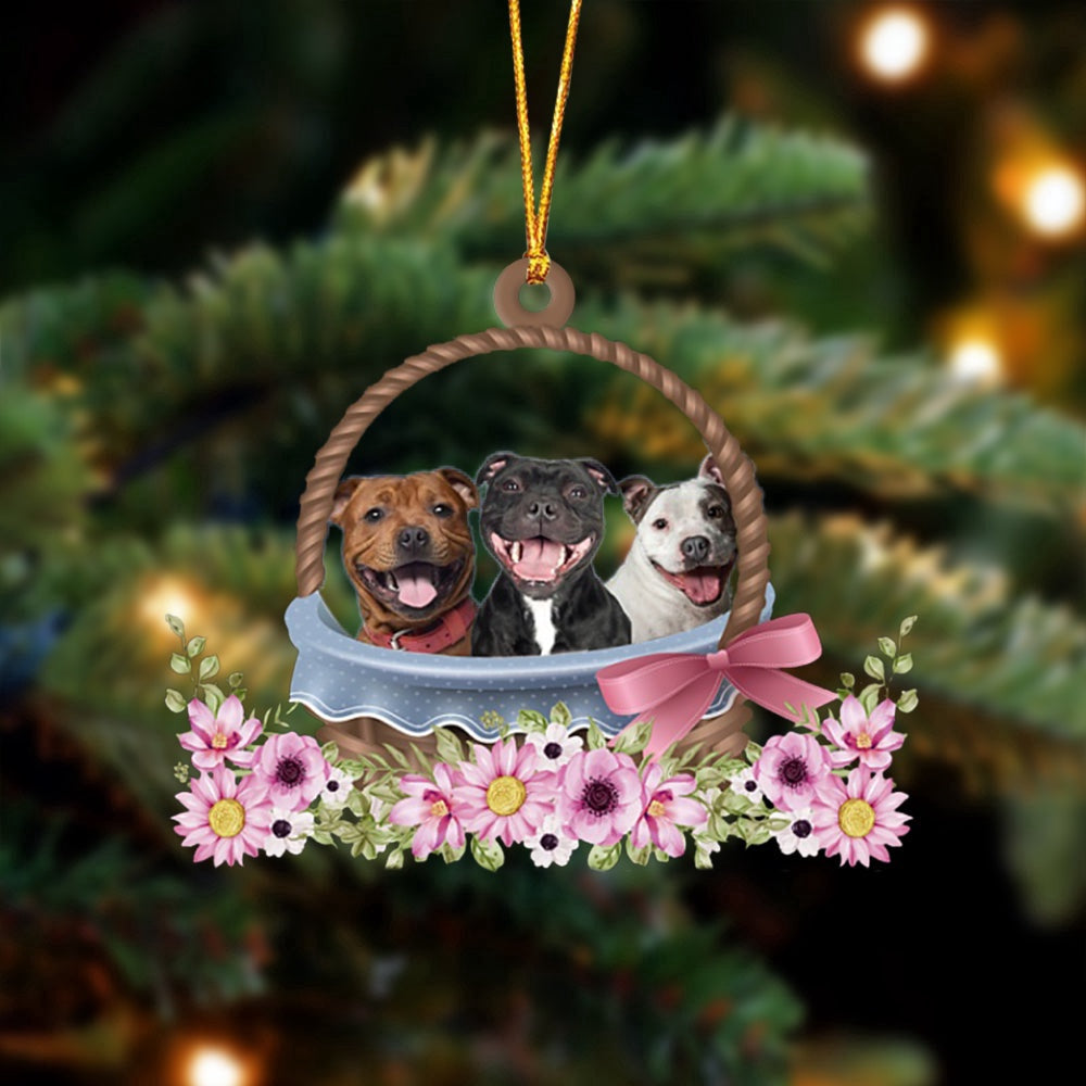 Dog Christmas Ornament, Staffordshire Bull Terrier Dogs In The Basket Ornament, Pet Christmas Ornaments