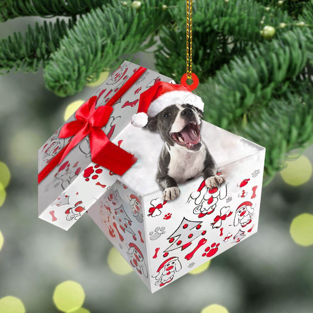 Dog Christmas Ornament, Staffordshire Bull Terrier In Gift Box Christmas Ornament, Pet Christmas Ornaments