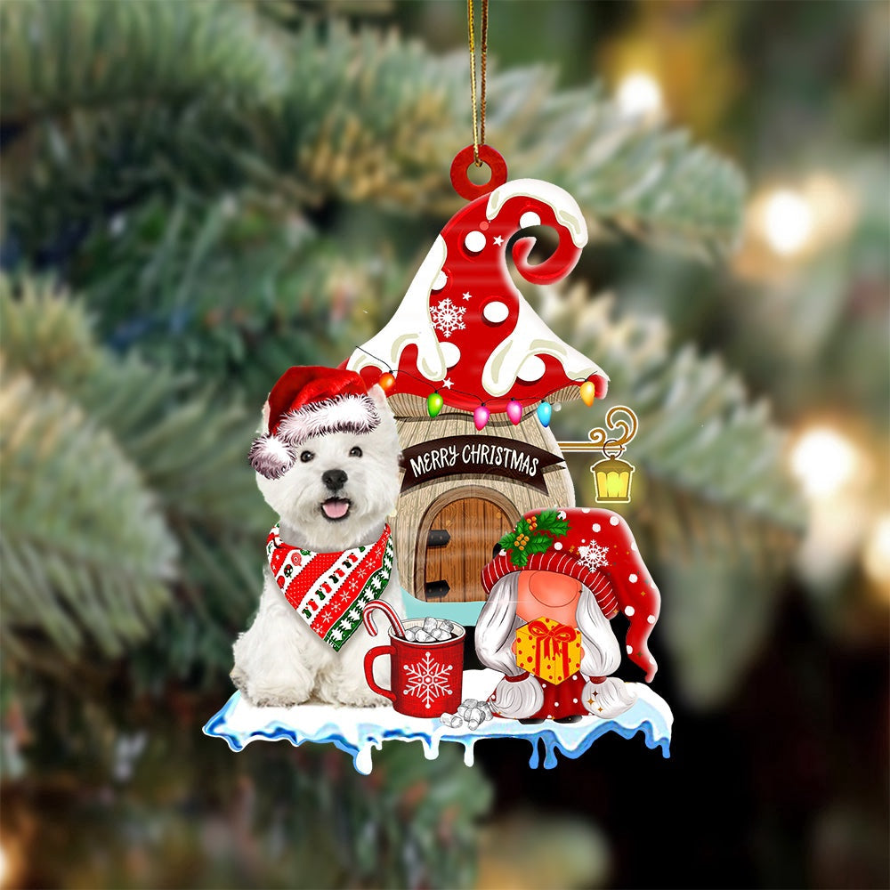Dog Christmas Ornament, West Highland White Terrier With Mushroom House Christmas Ornament, Pet Christmas Ornaments